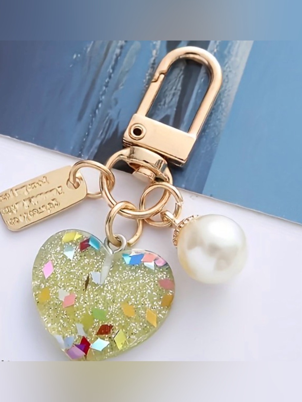 Yellow Glitter Heart Bag Charm Keychain Pearl Gold-New